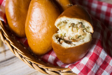 Fresh baked pie with cheese and meat, food concept