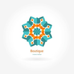 Bright, juicy beautiful circular logo for boutique, flower shop, business, interior. Company mark, emblem, element. Simple geometric mandala logotype. Kaleidoscope big bud. Surround abstract blossom.