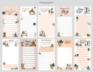 Stylish Scandinavian bedroom interior - bed, sofa, wardrobe, mirror, night stand, plant, lamp, home decorations. Cozy modern comfy apartment furnished in Hygge style. Vector illustration. Isolated