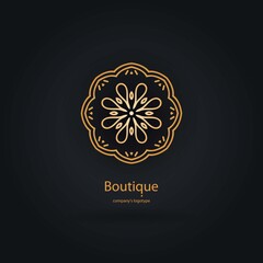 Luxury logotype in the shape of a flower for antique boutique. Gold logo, flower. Simple geometric sign. Icons, business, invitations. Volumetric golden big bud. Vintage. Islam, Arabic, Indian. Retro.