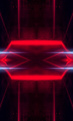 Abstract dark background, red neon light. Rays and lines in symmetrical reflection. Light tunnel, movement at speed, neon lights.