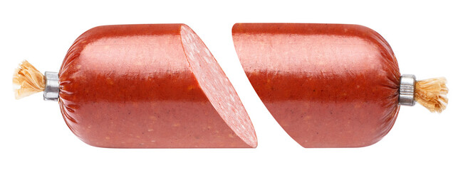 Salami smoked sausage cut in two parts, isolated on white background