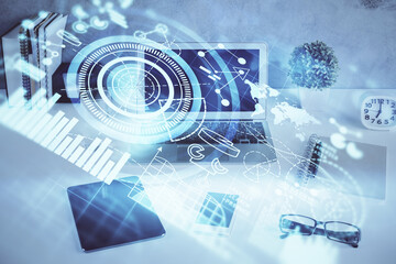 Double exposure of business theme icons and work space with computer background. Concept of success.