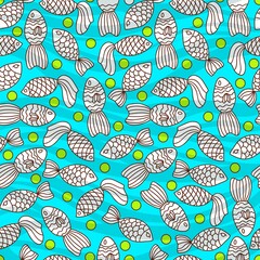 Seamless pattern of fish. Sea live.Textile and wallpaper sea background. Abstract waves with fishes pattern. Sea bottom. Ocean. Marine. Cartoon hand-drawn doodles. Nautical theme seamless pattern. 