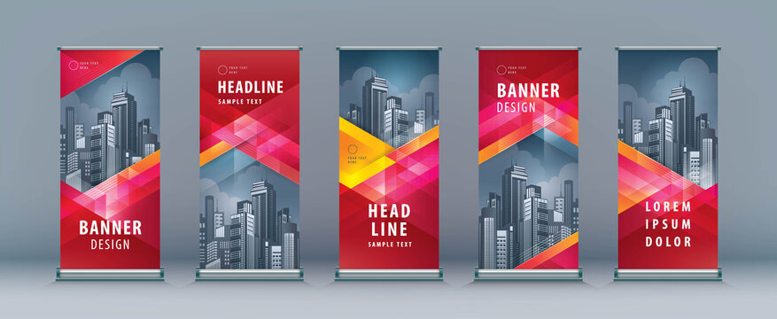 Business Roll Up Set. Standee Design. Banner Template, Abstract Red Geometric Triangle Background vector