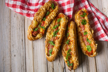 Pizza with halm, mozzarella,meat, cheese 