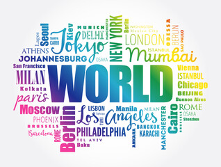 WORLD word cloud concept made with words cities names, business concept background