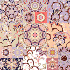 Seamless vector patchwork tile with paisley and mandala in pastel colors. Background set with lilac ornament in arabic style. - 356342094