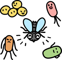 ハエとハエが運ぶ細菌のイメージイラスト