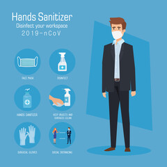 Businessman with mask and hands sanitizer prevention tips design, Disinfects clean antibacterial and hygiene theme Vector illustration