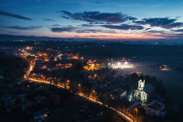 Miedzyrzecze gorne Rudawka in Bielko Biala at night aerial drone