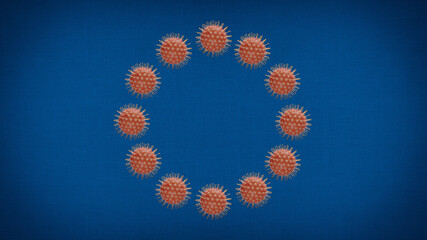 The European Union flag with the representation of the coronavirus merged with the  twelve stars to represent the covid-19 crisis in Europe