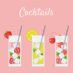 Bright illustration of cocktails with various fruits or berries. Suitable for decorating menus, icons on social networks, thematic decor. For the summer mood.