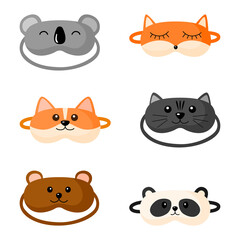 Kit children s sleep mask with different design on white background. Set face mask for sleeping human with corgi, cat, panda, fox,bear, koala in flat style vector illustration.
