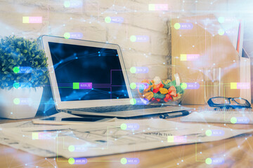 Fototapeta premium Multi exposure of desktop with personal computer and tech theme drawing. Concept of Bigdata.