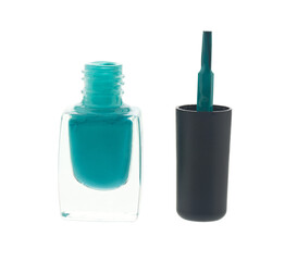 Bottle with blue nail polish isolated on white background.