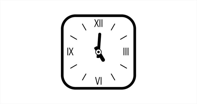 Animation of appearance, rotation of roman clock from 8 a.m. to 6 p.m and disappearance. 4K vector video motion clip