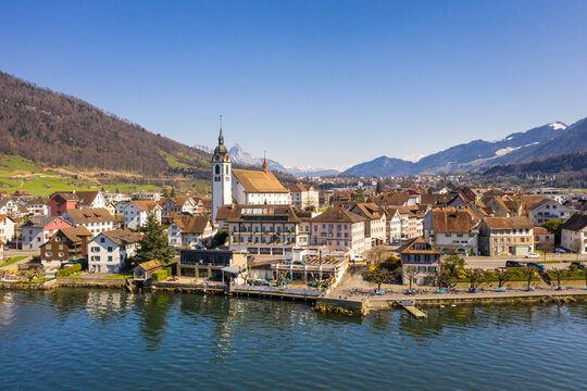 Aerial view of the Arth Goldau village by lake Zug in Canton Schwyz in Central Switzerland on a sunny day.