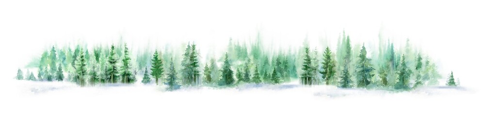 Watercolor forest landscape panorama. Misty blue fir forest. Wild nature, frozen, misty, taiga. Abstract long horizontal composition
