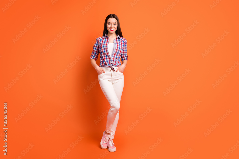 Sticker full size photo of charming cute girl have summer holidays put hands white trousers wear good look c