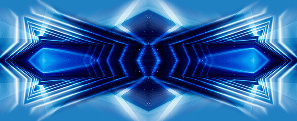 Abstract blue dark background with lines and rays. Symmetric reflection of neon light. Light tunnel, sparks. The movement of light. Night view.