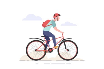 Man riding a sport bike, wearing helmet and backpack. Mountain and road trip concept. Flat style vector illustration isolated on white background.