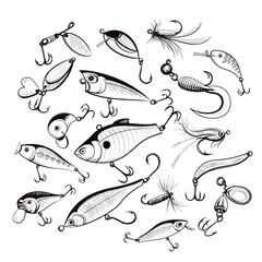 Big set of fishing gear. Set of fishing lures: hooks, wobblers, jigs, flies, spoons, spinners, plugs and poppers. For your design: brochures, banner, market. Sketch style vector illustration. Isolated