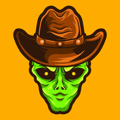 alien cowboy vector illustration on yellow background