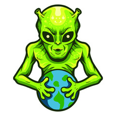 alien hold an earth vector illustration design
