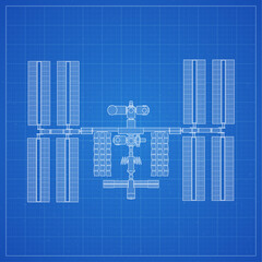 International Space Station plot on blueprint background. Vector illustration.