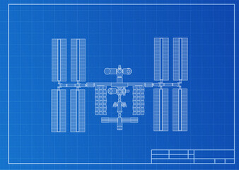 International Space Station plot on blueprint background. Vector illustration.