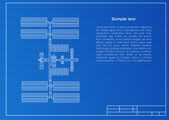 International Space Station plot on blueprint background. Technology and science concept with space for text. Vector illustration.