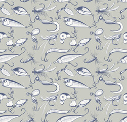 Fishing lures seamless pattern. Vintage sketch style vector illustration.