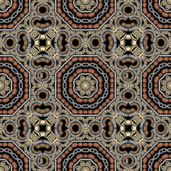 Floral ethnic style greek vector seamless pattern. Ornamental tribal geometric background. Abstract flowers, geometrical shapes, circles. Greek key meander ornament. Elegant ornate symmetrical design