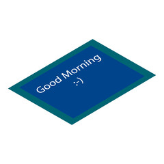 Isometric bedside rug with the inscription good morning. Blue little rug. Bedroom furniture. Vector EPS10.