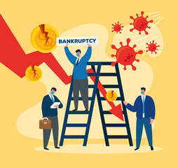 businessmen with masks and ladder design of bankruptcy and covid 19 virus theme Vector illustration