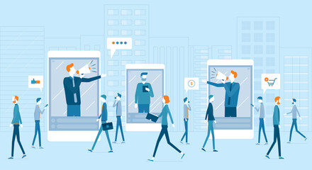 Flat vector design business people use mobile for online marketing and business promote for customer target concept with people walking on City streets
