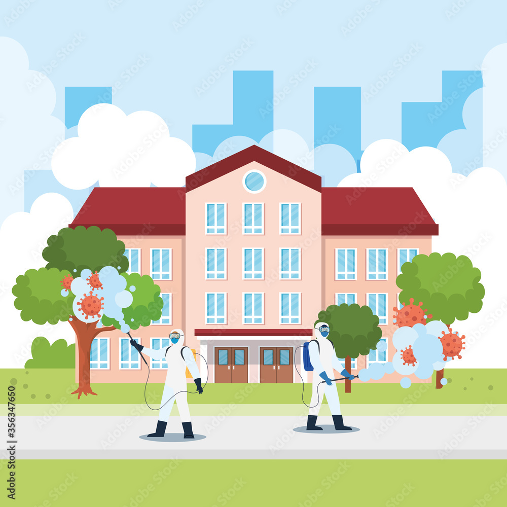 Wall mural Men with protective suit spraying school building with covid 19 virus design, Disinfects clean and antibacterial theme Vector illustration