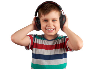 Adorable cute child enjoying favorite songs using wireless headphones. isolated on white background. Leisure, music and entertainment concept.