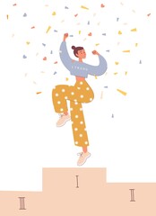 Young smiling woman on a winners podium with confetti around. Woman celebrating her victory. Winner, success, career, competition, achievement, first place concept. Vector flat stock illustration.