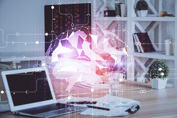 Double exposure of work table with computer and brain sketch hologram. Brainstorming concept.