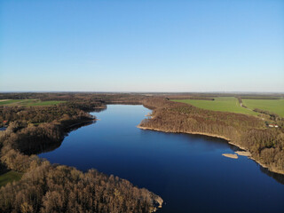 Aerial view of Lake Heinersdorfer See, located 40 kilometres east of Berlin near the B5 in Heinersdorf (Steinhöfel), It is divided by a road dam into the Small and Large Heinersdorfer See. 