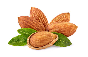 Almonds with leaves in closeup isolated on white background.