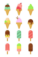 Vector ice cream set on white background. Summer time. Cute flat sweets. Ice cream with different flavors: strawberry, cherry, vanilla, mint and chocolate.