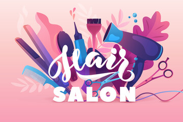 Hair Salon. Colorful hairdresser decorative illustration with beauty haircut accessories and equipment with big white letters. Realistic Poster. Vector Illustration Pink Colors