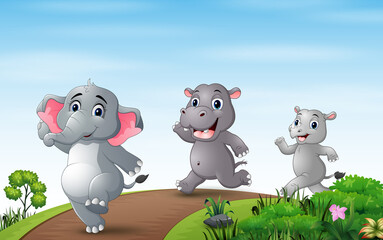 Naklejka premium Illustration of many animals running along the road