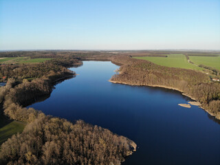 Aerial view of Lake Heinersdorfer See, located 40 kilometres east of Berlin near the B5 in Heinersdorf (Steinhöfel), It is divided by a road dam into the Small and Large Heinersdorfer See. 