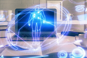 Desktop computer background and education theme drawing. Double exposure. Study concept.