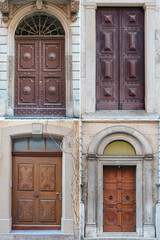 four wooden doors with beautiful decorative wooden trim in the historical part of various European cities