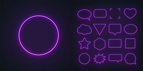 Set of purple neon frames with soft glow on a transparent background. Speech bubble, square, circle, star, triangle, heart, hexagon and other glowing neon shapes on a dark background. © TanyaFox